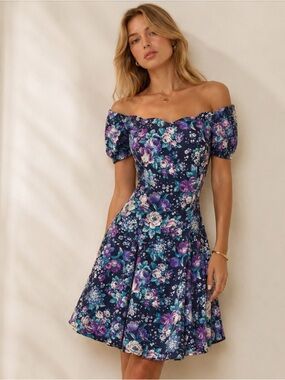 VINTAGE 90's Y2K BY CHOICE Floral  Fit-and-Flare Navy Dress Purple Bloom Size S